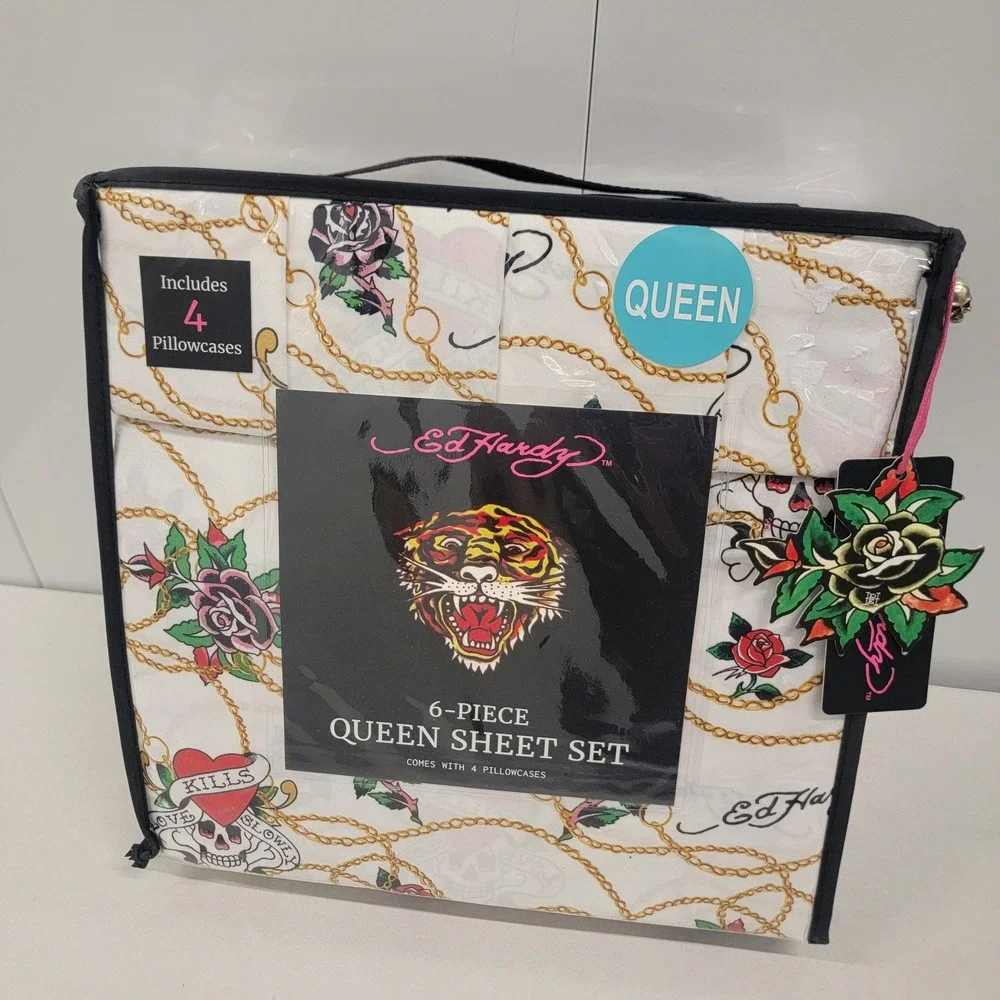 NEW Ed Hardy Queen Sheet‎ Bed Set 6-Piece Tiger Skull Rose Tattoo Heart Print